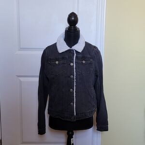 Jou Jou jean jacket faux fur fleece lining faded black grunge distressed denim